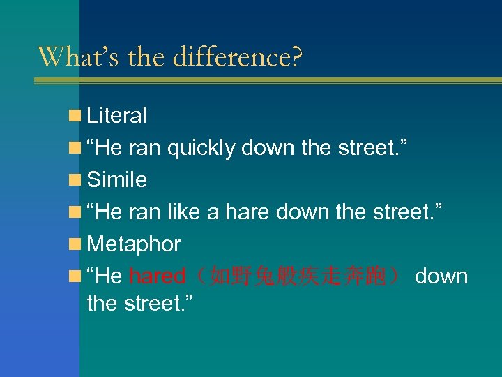 What’s the difference? n Literal n “He ran quickly down the street. ” n