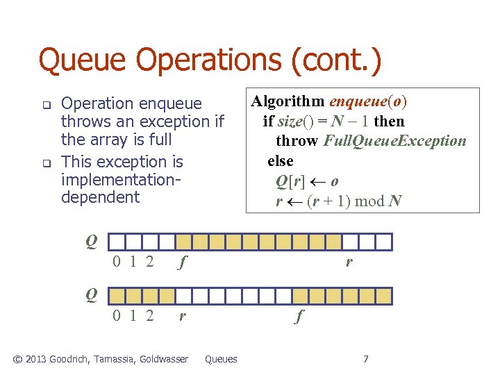 Queue Operations (cont. ) q q Operation enqueue throws an exception if the array