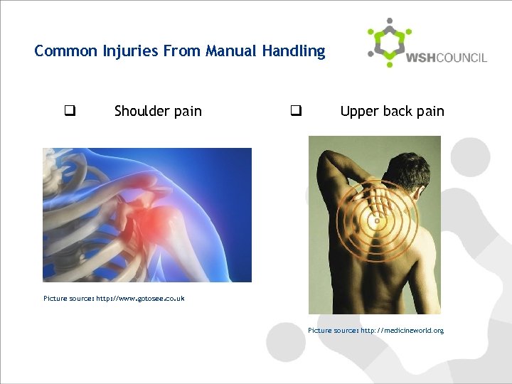 Common Injuries From Manual Handling q Shoulder pain q Upper back pain Picture source: