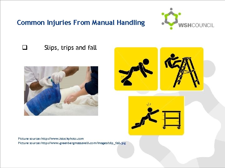 Common Injuries From Manual Handling q Slips, trips and fall Picture source: http: //www.