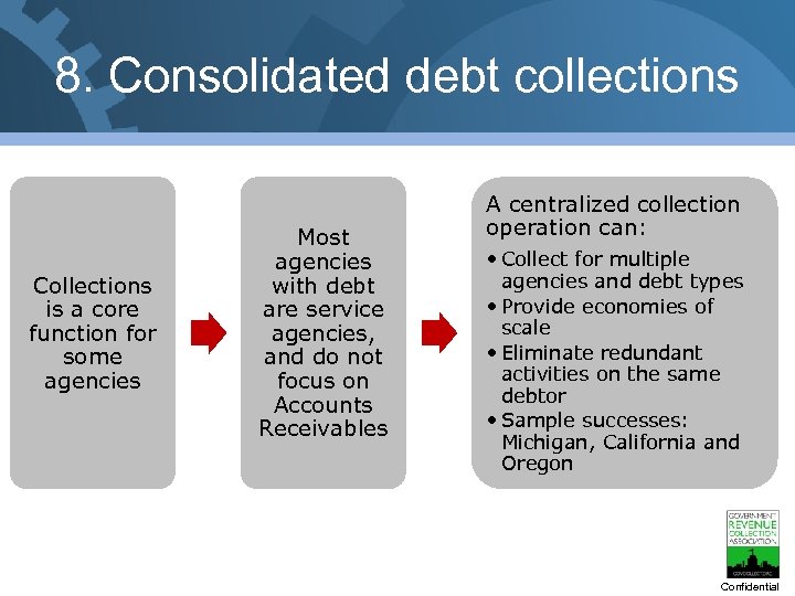 8. Consolidated debt collections Collections is a core function for some agencies Most agencies