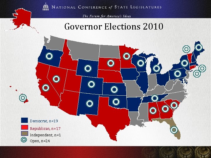 Governor Elections 2010 Democrat, n=19 Republican, n=17 Independent, n=1 Open, n=24 