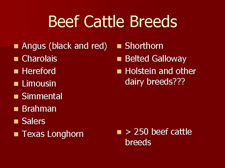 Beef Cattle Breeds n n n n Angus (black and red) Charolais Hereford Limousin