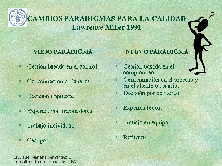 CAMBIOS PARADIGMAS PARA LA CALIDAD Lawrence Miller 1991 VIEJO PARADIGMA § Gestión basada en