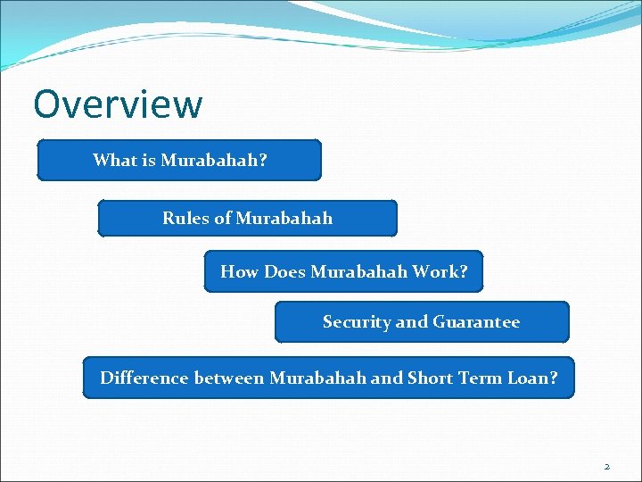 Overview What is Murabahah? Rules of Murabahah How Does Murabahah Work? Security and Guarantee