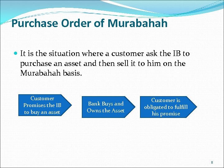 Purchase Order of Murabahah It is the situation where a customer ask the IB