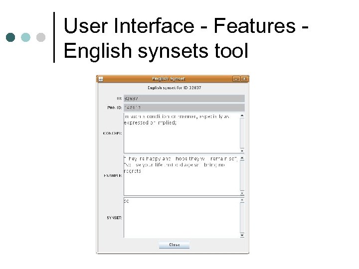 User Interface - Features English synsets tool 
