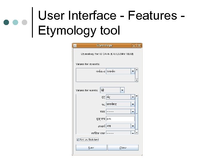 User Interface - Features Etymology tool 