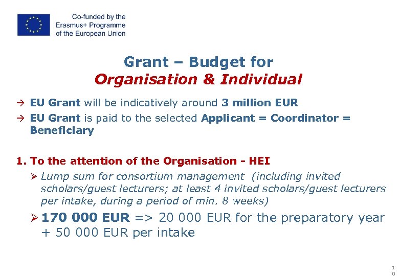 Grant – Budget for Organisation & Individual EU Grant will be indicatively around 3