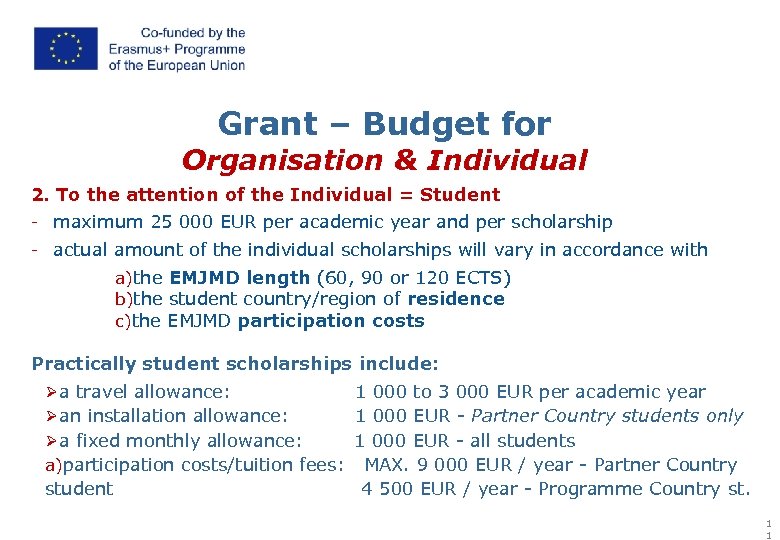 Grant – Budget for Organisation & Individual 2. To the attention of the Individual