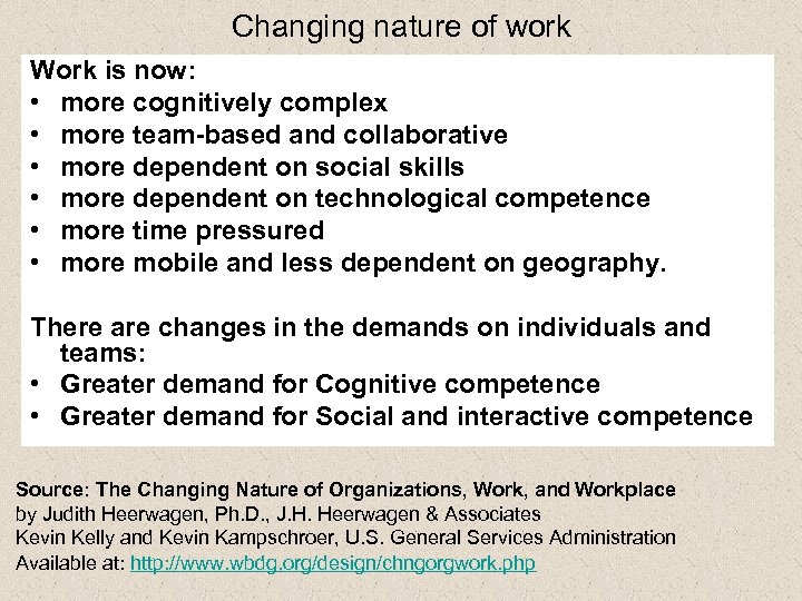 Changing nature of work Work is now: • more cognitively complex • more team-based