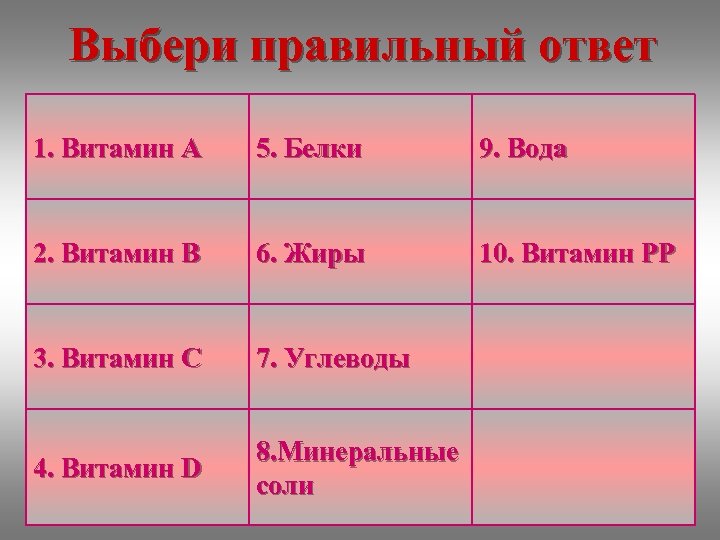 Выбери правильный ответ 1. Витамин А 5. Белки 9. Вода 2. Витамин В 6.