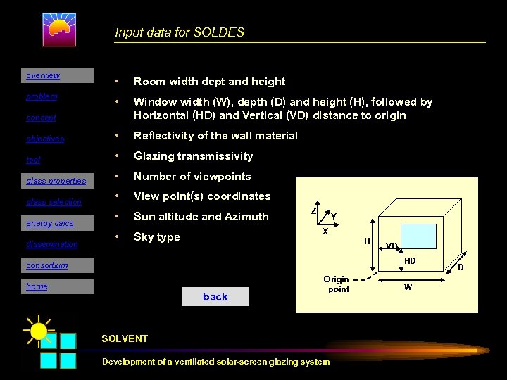 Input data for SOLDES overview • Room width dept and height problem • Window