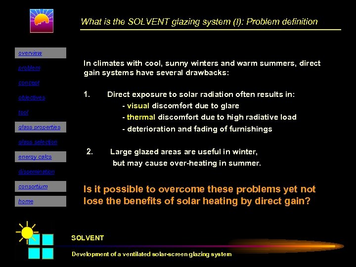 What is the SOLVENT glazing system (I): Problem definition overview problem In climates with