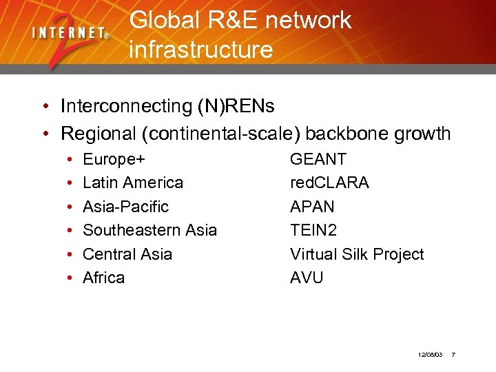 Global R&E network infrastructure • Interconnecting (N)RENs • Regional (continental-scale) backbone growth • •