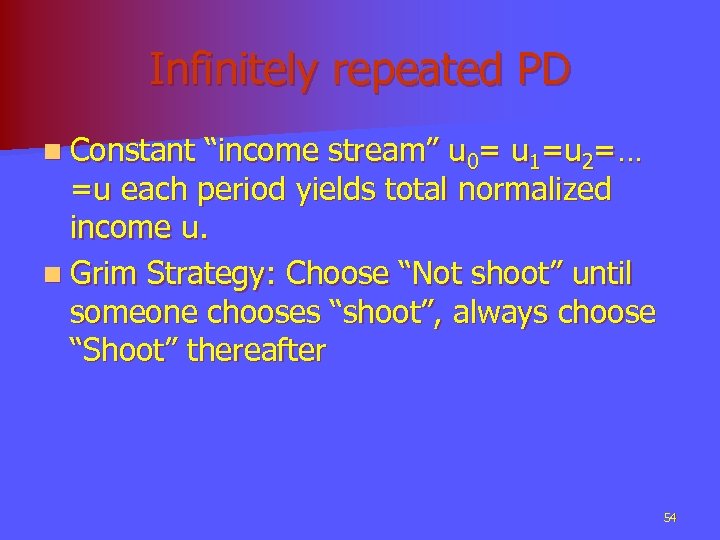 Infinitely repeated PD n Constant “income stream” u 0= u 1=u 2=… =u each