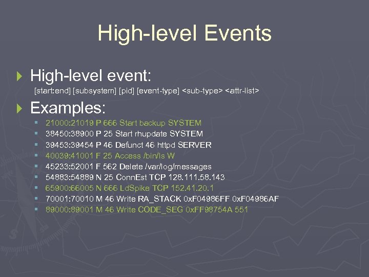 High-level Events } High-level event: [start: end] [subsystem] [pid] [event-type] <sub-type> <attr-list> } Examples: