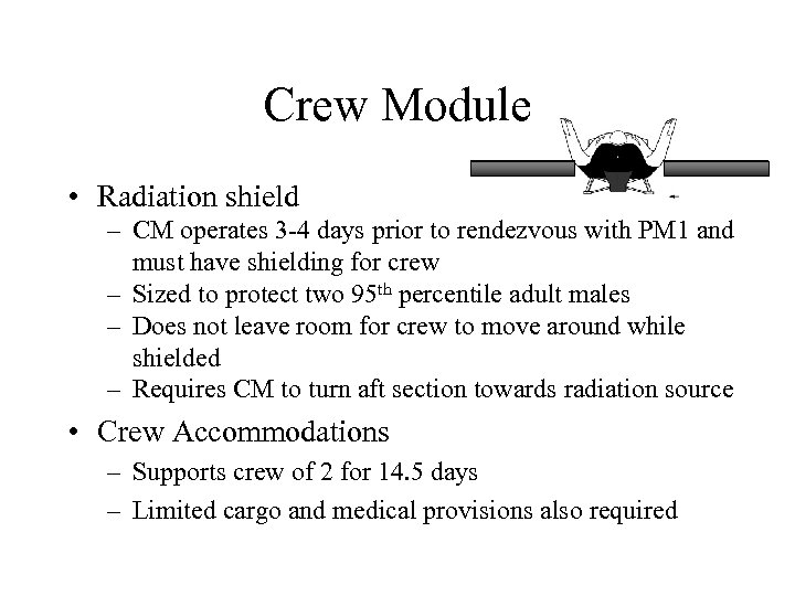 Crew Module • Radiation shield – CM operates 3 -4 days prior to rendezvous