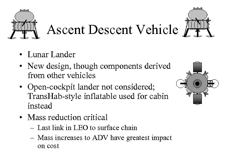 Ascent Descent Vehicle • Lunar Lander • New design, though components derived from other