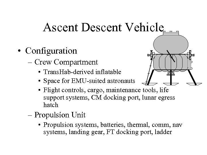 Ascent Descent Vehicle • Configuration – Crew Compartment • Trans. Hab-derived inflatable • Space