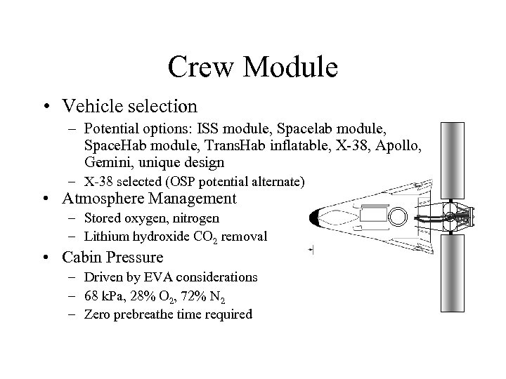 Crew Module • Vehicle selection – Potential options: ISS module, Spacelab module, Space. Hab