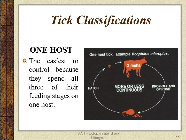 Tick Classifications ONE HOST The easiest to control because they spend all three of