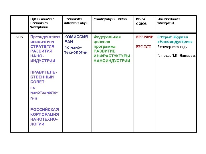 Правительство Российской Федерации 2007 Российская академия наук Минобрнауки России ЕВРО СОЮЗ Общественная поддержка Президентская