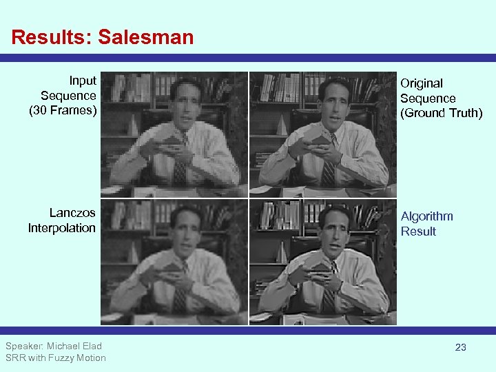 Results: Salesman Input Sequence (30 Frames) Original Sequence (Ground Truth) Lanczos Interpolation Algorithm Result