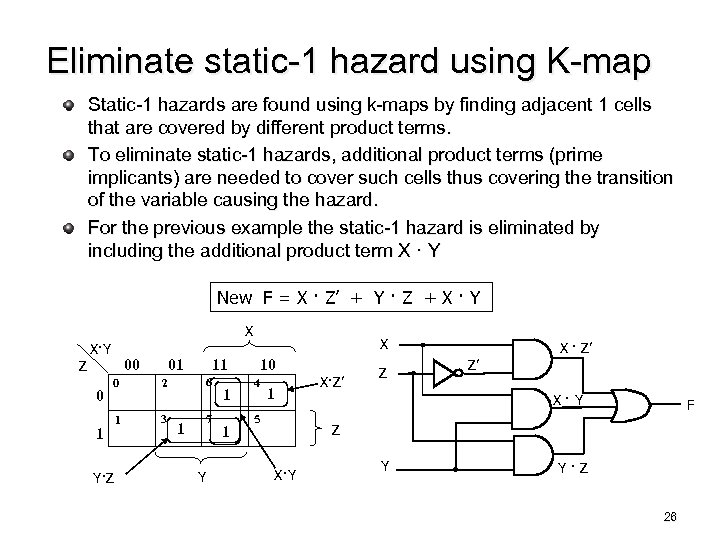 Eliminate static-1 hazard using K-map Static-1 hazards are found using k-maps by finding adjacent