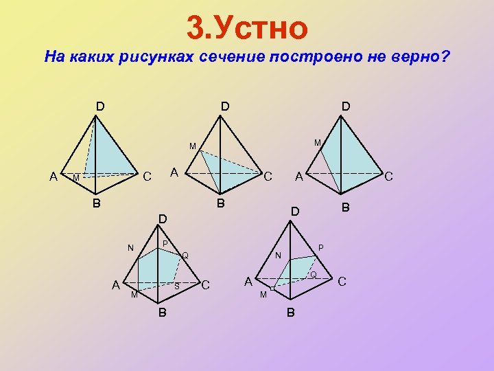 3. Устно На каких рисунках сечение построено не верно? D D D M M