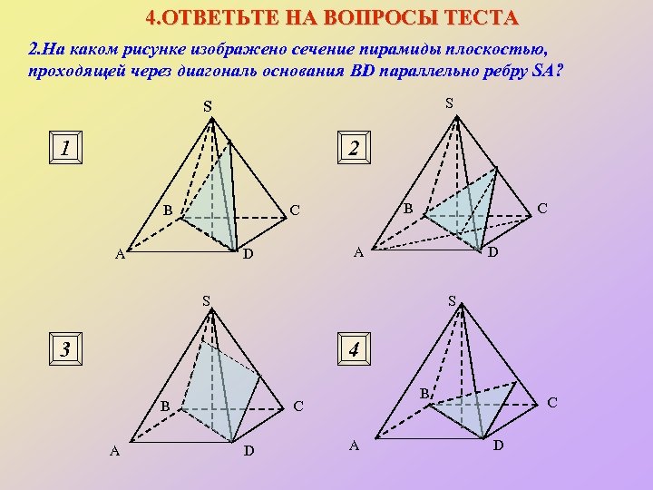 4. ОТВЕТЬТЕ НА ВОПРОСЫ ТЕСТА 2. На каком рисунке изображено сечение пирамиды плоскостью, проходящей
