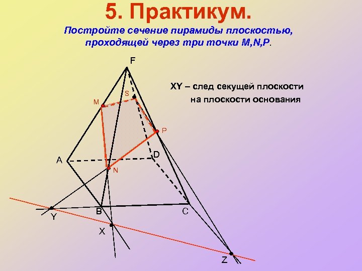 5. Практикум. Постройте сечение пирамиды плоскостью, проходящей через три точки M, N, P. F