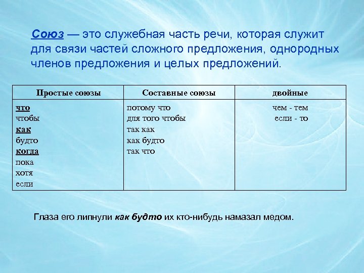 Союз — это служебная часть речи, которая служит для связи частей сложного предложения, однородных