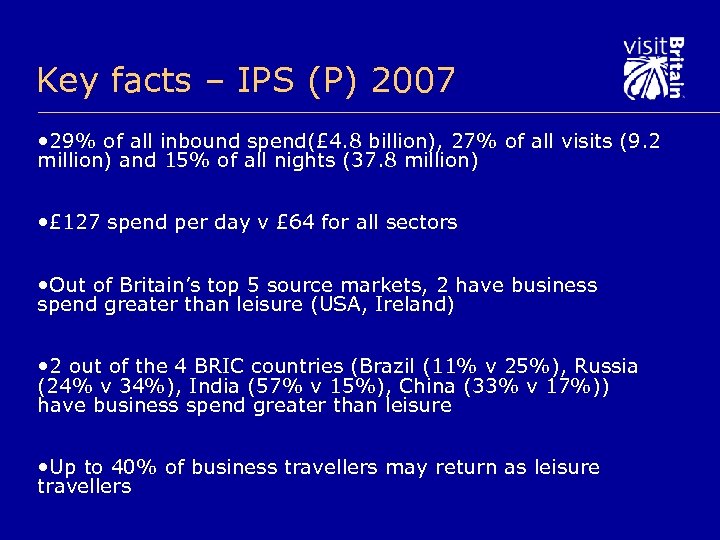 Key facts – IPS (P) 2007 • 29% of all inbound spend(£ 4. 8