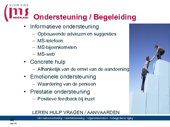 Ondersteuning / Begeleiding • Informatieve ondersteuning – – Opbouwende adviezen en suggesties MS-telefoon MS-bijeenkomsten