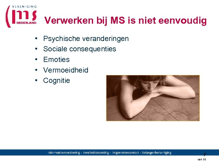 Verwerken bij MS is niet eenvoudig • • • Psychische veranderingen Sociale consequenties Emoties