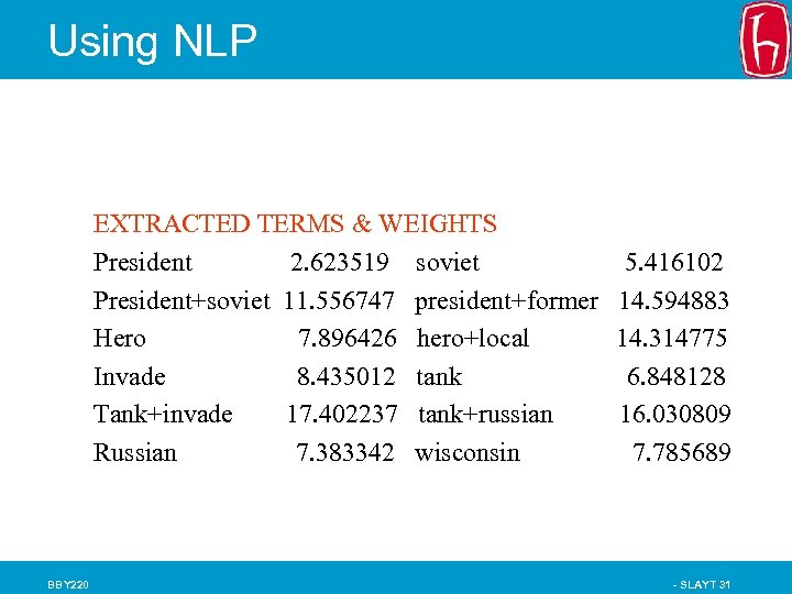 Using NLP EXTRACTED TERMS & WEIGHTS President 2. 623519 soviet President+soviet 11. 556747 president+former