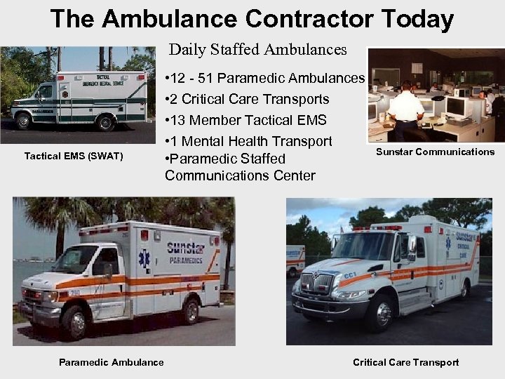 The Ambulance Contractor Today Daily Staffed Ambulances Tactical EMS (SWAT) Paramedic Ambulance • 12