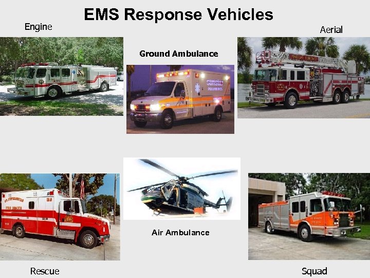 Engine EMS Response Vehicles Aerial Ground Ambulance Air Ambulance Rescue Squad 