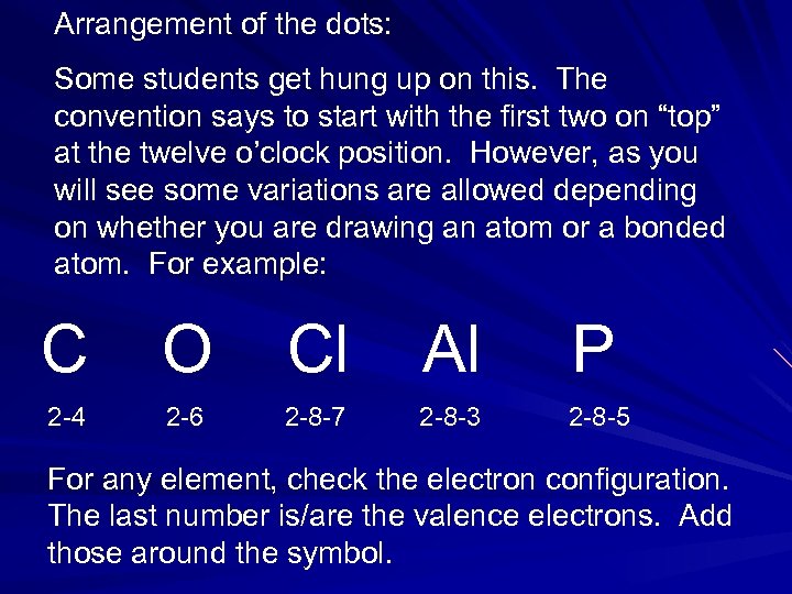 Arrangement of the dots: Some students get hung up on this. The convention says