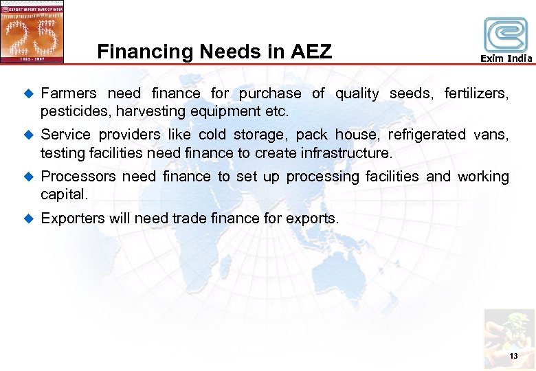 Financing Needs in AEZ Exim India u Farmers need finance for purchase of quality