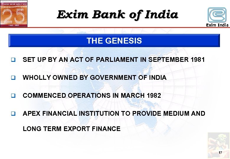 Exim Bank of India Exim India THE GENESIS q SET UP BY AN ACT