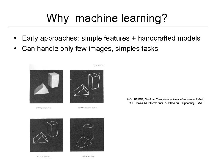 Why machine learning? • Early approaches: simple features + handcrafted models • Can handle