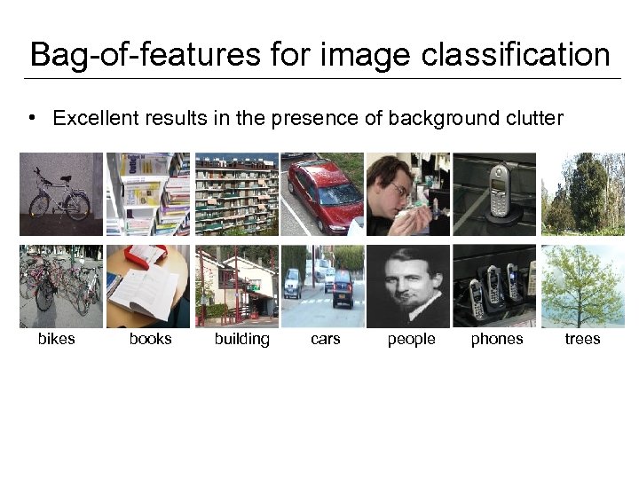 Bag-of-features for image classification • Excellent results in the presence of background clutter bikes
