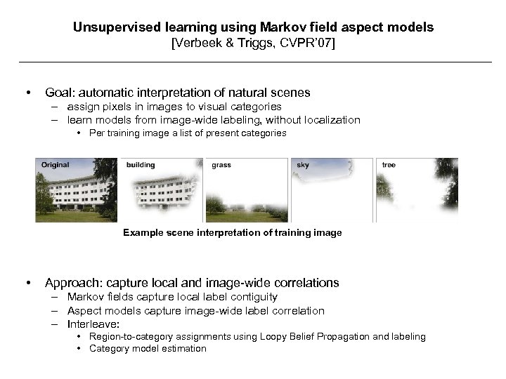 Unsupervised learning using Markov field aspect models [Verbeek & Triggs, CVPR’ 07] • Goal: