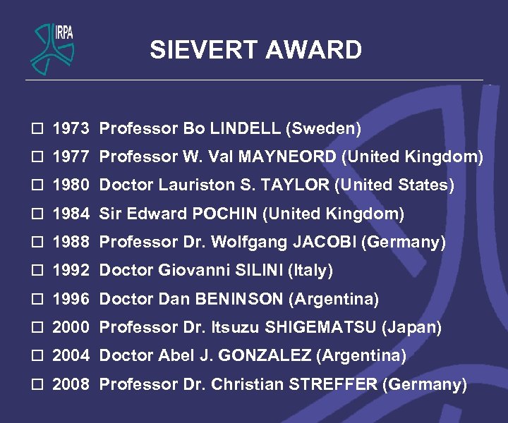 SIEVERT AWARD o 1973 Professor Bo LINDELL (Sweden) o 1977 Professor W. Val MAYNEORD