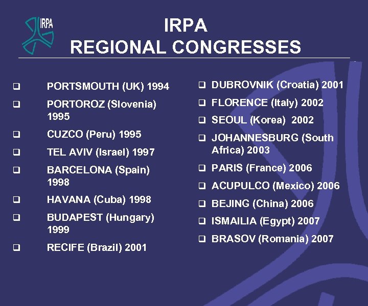 IRPA REGIONAL CONGRESSES q PORTSMOUTH (UK) 1994 q DUBROVNIK (Croatia) 2001 q PORTOROZ (Slovenia)