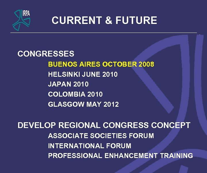 CURRENT & FUTURE CONGRESSES BUENOS AIRES OCTOBER 2008 HELSINKI JUNE 2010 JAPAN 2010 COLOMBIA
