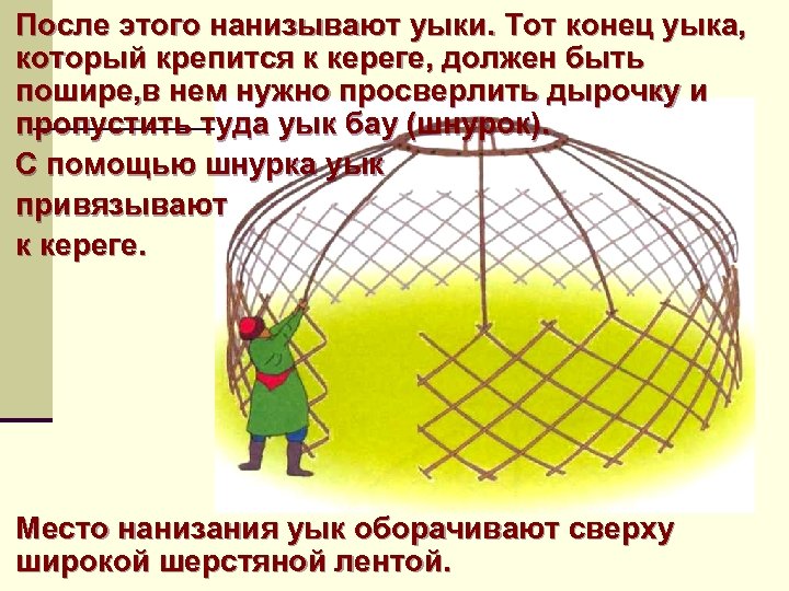 После этого нанизывают уыки. Тот конец уыка, который крепится к кереге, должен быть пошире,