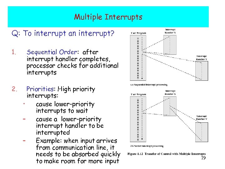 Multiple Interrupts Q: To interrupt an interrupt? 1. Sequential Order: after interrupt handler completes,